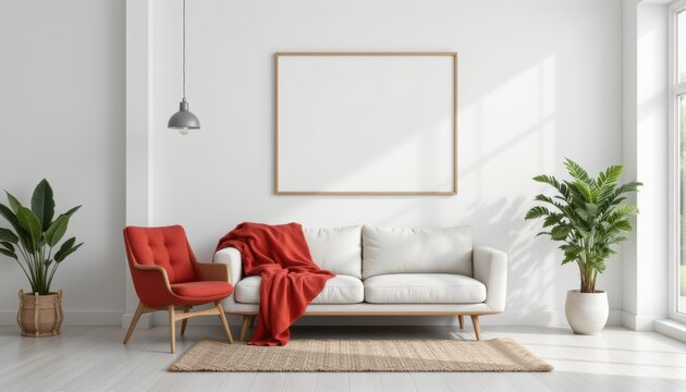 scandinavian inspired mockup with white wall, sofa chair, and plants, duplicate space with subject on right and copy space on left, optimized for photo use, avoiding trademarks