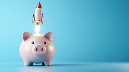 Creative concept of a piggy bank with a rocket launching from its top, symbolizing financial growth, innovation, investment opportunities, and savings acceleration
