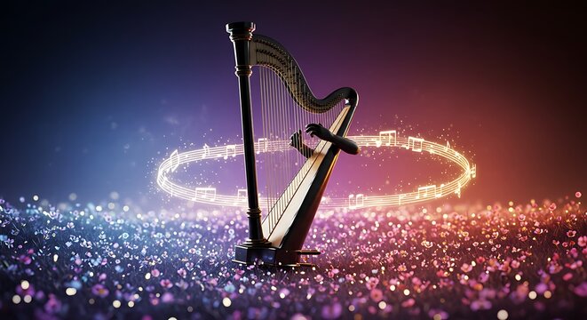 Elegant harp with musical notes floating around it, surrounded by sparkling particles.