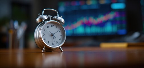The classic alarm clock beside vibrant financial graphs on a modern desk.