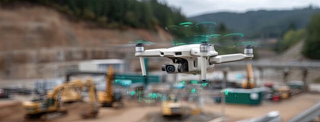 Drone captures construction site activity in a hilly area with machinery and excavation taking place under an overcast sky in the afternoon