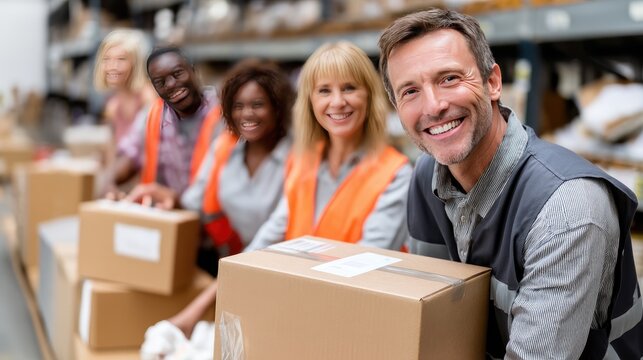 Team of warehouse workers smiling while handling packages during a busy day in a distribution center