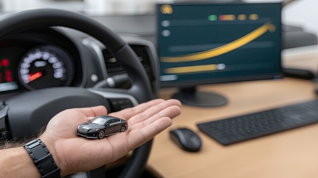 Car model held in hand reflects the excitement of automotive innovation in a modern office setting with a computer screen displaying data analysis