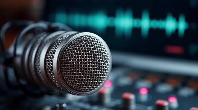 Studio Microphone Recording Audio with Sound Wave Visualization and Mixing Console, Professional Broadcasting Equipment for Podcast and Voice Over
