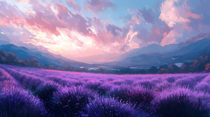 Obraz premium Stunning Lavender Field with Majestic Mountains at Magical Sunset