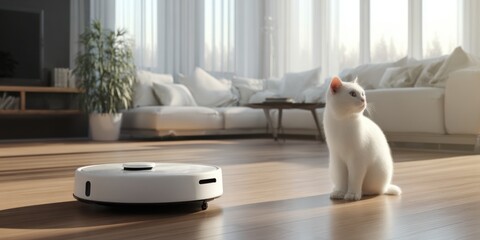 Robot vacuum cleaning while cat observes in modern living room home environment relaxed atmosphere
