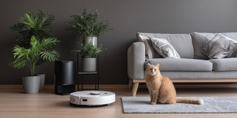 Cat observing robotic vacuum cleaner in modern living room cozy home environment indoor lifestyle