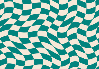 Vintage 70s style groovy seamless pattern with a distorted wavy checkerboard design. Abstract optical illusion background with teal and cream squares