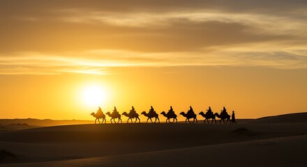 A majestic camel caravan silhouetted against a vibrant golden sunset over vast desert dunes, creating a serene and timeless scene of travel and adventure.