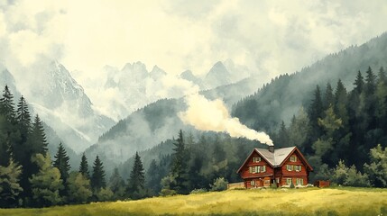 Obraz premium Cozy Alpine Cottage Nestled in Misty Mountainous Landscape