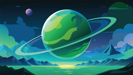 Illustration featuring Saturn, a vibrant green planet, and a comet soaring through the starry sky..eps