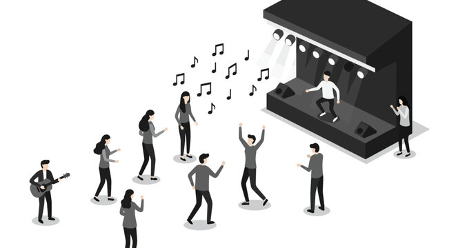Isometric concert scene with dancing crowd and performing band on stage