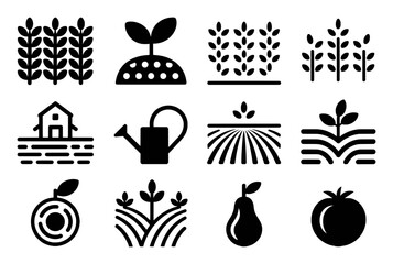 Naklejka premium Collection of Farming and Agriculture Icons: Crops, Plants, and Tools