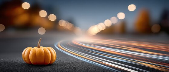 Vibrant pumpkin rests by a curvy road, while a white vehicle drives through colorful autumn foliage on a misty morning