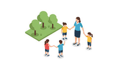 Isometric teacher and children holding hands in nature with trees on grass