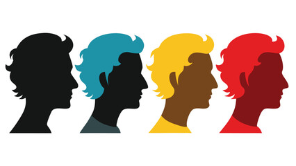 Four silhouettes of diverse heads in profile, representing different genders and ethnicities against a plain background..eps