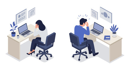 Isometric office workers in stressful situations at desks with laptops and papers
