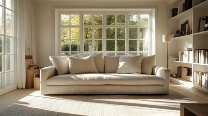 Fototapeta premium Bright and Inviting Living Room with Cozy Sofa and Large Window