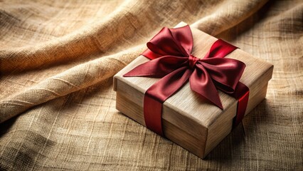 A rustic wooden gift box adorned with a rich burgundy satin ribbon, rests on a subtly textured fabric background, conveying a sense of thoughtful appreciation and heartfelt presentation.