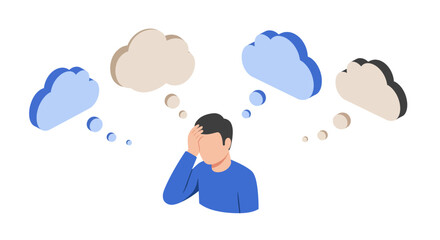 Pensive person surrounded by thought clouds in isometric style