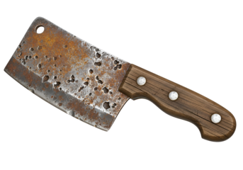 A rusty butcher knife with a weathered wooden handle against a dark background.