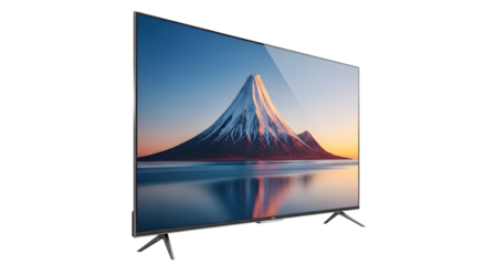 Flat screen tv displaying mountain landscape on transparent background