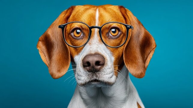 A dog wearing glasses is staring at the camera. The dog's eyes are wide open, and it is looking directly at the viewer. The glasses give the dog a quirky and amusing appearance, making it a fun