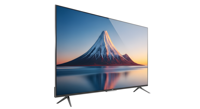 Flat screen tv displaying mountain landscape on transparent background