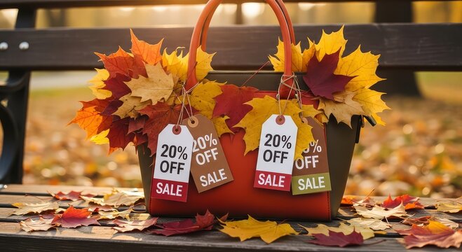 Autumn sale with 20% off tags on a stylish handbag, perfect for fall shopping deals