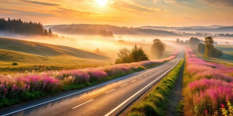 Serene sunrise illuminates a winding asphalt road bordered by vibrant wildflowers, nestled within a tranquil misty valley landscape.