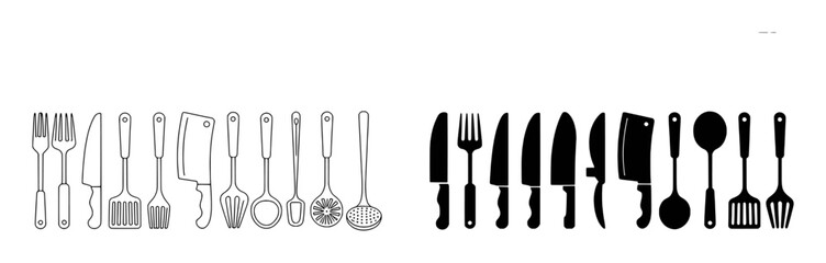 Collection of Kitchen Utensils: Knives, Forks, Spatulas, and Ladles in Line Art and Silhouette