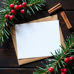 Overhead view of a blank white card and kraft envelope on festive Christmas fir branches with snow-dusted red berries, shot on a dark wooden table, winter scene, soft window light, golden hour.