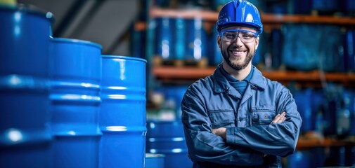 The smiling worker in a blue helmet surrounded by barrels in a warehouse.