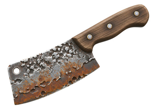 A rusty butcher knife with a wooden handle, angled against a black background, displays a worn and weathered appearance.