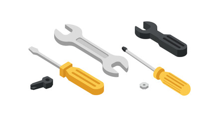 Naklejka premium Isometric wrench and screwdriver set with bolts and nuts