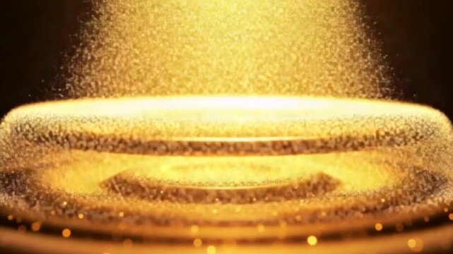luxurious and elegant animated background featuring shimmering golden particles forming concentric ripples that descend upon a reflective, sparkling surface.
