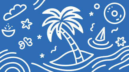 Colorful surfboard stencils alongside palm trees and other symbols, illustrating a dynamic beach and surf culture aesthetic..eps