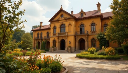 Obraz premium subject: a serene scene of a huge mansion in the style of a monastery with some vegetation and plants in the foreground, the mansion is painted with goldenrod tones