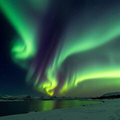 Stunning aurora borealis over a serene lake and snowy landscape at night
