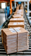 Obraz premium Packages wait in line on a conveyor belt in a busy warehouse during the day as workers prepare for shipping logistics operations