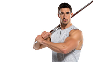 Serious young male athlete holding a javelin over his shoulder, ready for a throw during a track and field competition