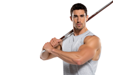 Serious young male athlete holding a javelin over his shoulder, ready for a throw during a track and field competition