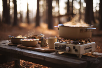 Obraz premium Outdoor camping table displays bowls of hot food and drinks, surrounded by a serene forest. The warm steam rises in the evening light, creating a cozy atmosphere