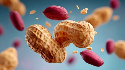 A close up of three peanuts and two red nuts. The peanuts are brown and the red nuts are purple