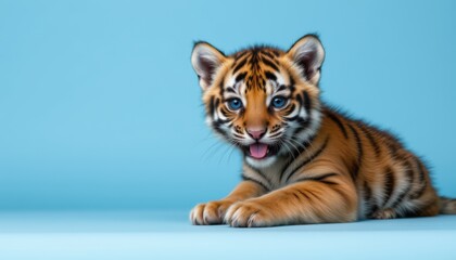 optimized photo prompt subject: tiger cub smiling on blue background copy space: to the right of the tiger cub subject.