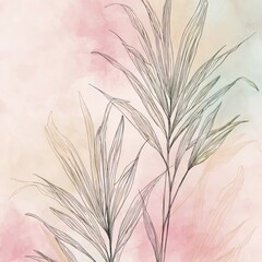 Fototapeta premium Delicate line drawing of tall grass or reeds with soft watercolor background in pastel shades, minimalistic botanical illustration perfect for nature decor