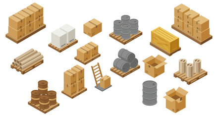 Isometric warehouse supplies: pallets, boxes, and drums