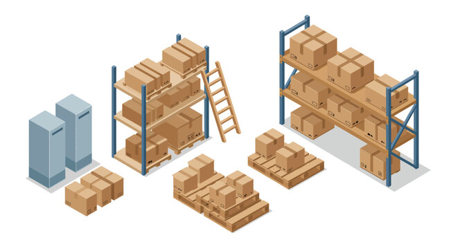 Warehouse storage solutions with boxes and racks in isometric style