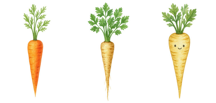 Carrot and parsnip vegetables with green leaves celebrate world vegan day in charming natural style watercolor