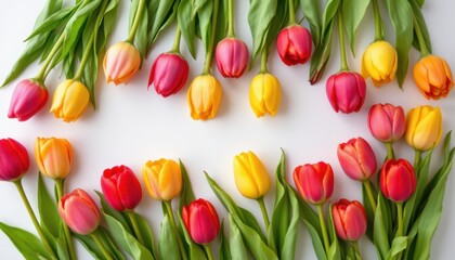 Obraz premium subject: a collection of fresh natural pink, yellow, and red tulip flowers bouquet set, instructions: 1